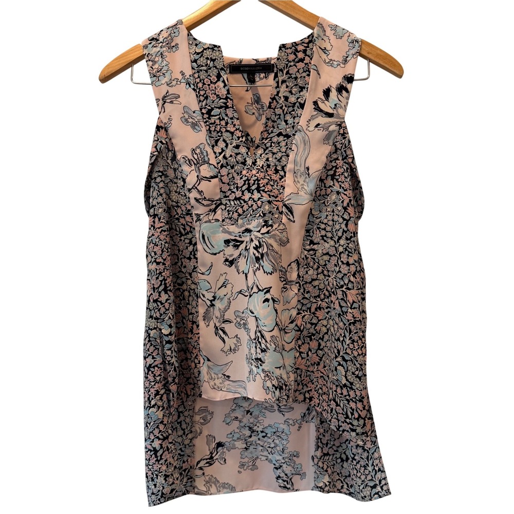 BCBGMAXAZRIA Pink/Gray Floral High-Low Sleeveless Blouse V-Neck‎ Top Boho XS